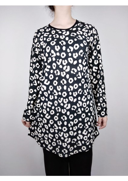 Kadın Siyah Beyaz Bisiklet Yaka Uzun Kollu Süet Yumuşak Kumaş Tunik fiyatları