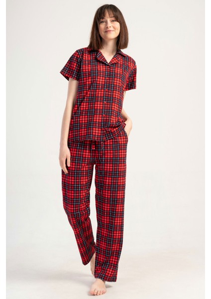 Pamuklu Kadın Yaka Tamamı Düğmeli Kısa Kol Pijama Takım , 501032