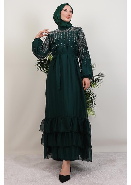 Suna Incili Şifon Elbise Zümrüt