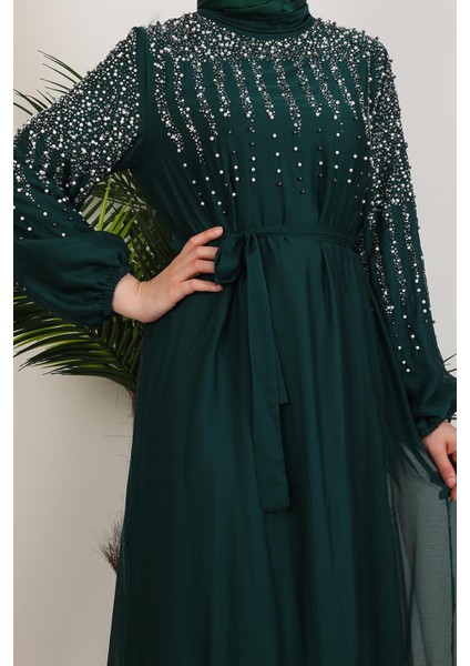 Suna Incili Şifon Elbise Zümrüt modelleri