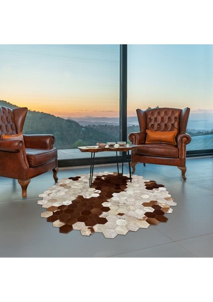 %100 Doğal Dana Derisi Kaymaz Taban Premium Yuvarlak Patchwork Halı - Kahverengi Beyaz