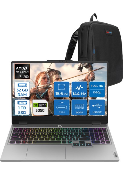 Loq 15AHP10 Amd Ryzen 7 250 32GB Ddr5 1tb SSD Freedos RTX5050 8gb 100W 15.6" Fhd (1920X1080) IPS 300NITS 144Hz Gaming Laptop 83JG006ATRF17 + Zetta Çanta