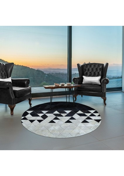 %100 Doğal Dana Derisi Kaymaz Taban Premium Yuvarlak Patchwork Halı - Siyah Beyaz
