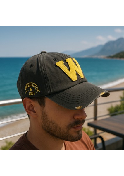 W Nakışlı Antrasit Sarı Unisex Şapka Yırtık Spor Şapka