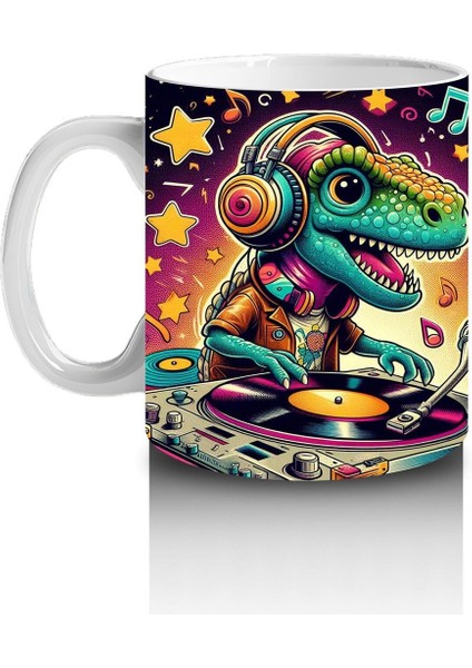 Çocuklara Sütü Sevdiren Renkli Dj Dinozor ve Yıldızlı Müzik Gecesi Desenli Kupa Bardak