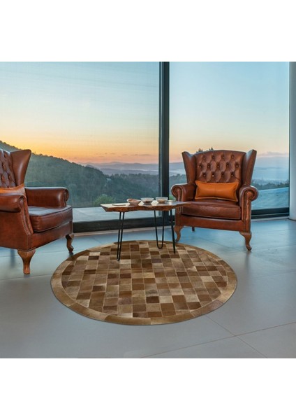 %100 Doğal Dana Derisi Kaymaz Taban Premium Yuvarlak Patchwork Halı - Kahverengi