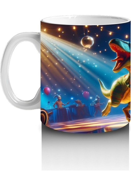 Çocuklara Sütü Sevdiren Disko Topu Altında Dans Eden Dinozor Desenli Kupa Bardak