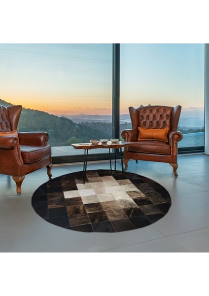 %100 Doğal Dana Derisi Kaymaz Taban Premium Yuvarlak Patchwork Halı - Siyah, Kahverengi Beyaz