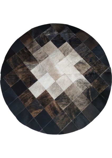 %100 Doğal Dana Derisi Kaymaz Taban Premium Yuvarlak Patchwork Halı - Siyah, Kahverengi Beyaz fiyatları