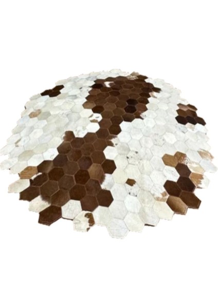 %100 Doğal Dana Derisi Kaymaz Taban Premium Yuvarlak Patchwork Halı - Kahverengi Beyaz fiyatları