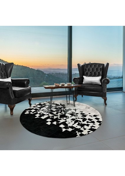 %100 Doğal Dana Derisi Kaymaz Taban Premium Yuvarlak Patchwork Halı - Siyah Beyaz