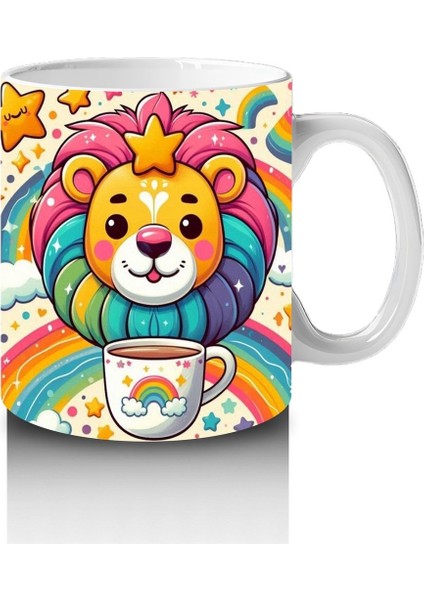 Çocuklara Sütü Sevdiren Gökkuşağı Yelesi ve Süt Kupasıyla Sevimli Aslan Desenli Kupa Bardak modelleri