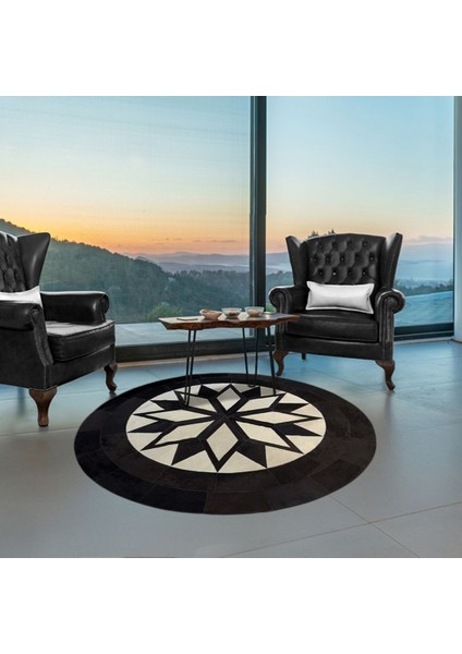 %100 Doğal Dana Derisi Kaymaz Taban Premium Yuvarlak Patchwork Halı - Siyah Beyaz
