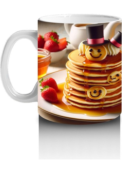 Çocuklara Sütü Sevdiren Şapkalı Gülümseyen Pancake Desenli Kupa Bardak