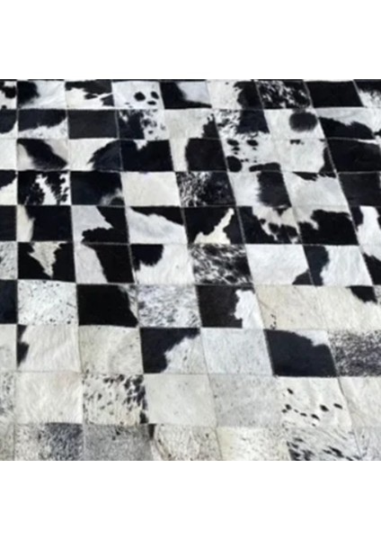 %100 Doğal Dana Derisi Kaymaz Taban Premium Yuvarlak Patchwork Halı - Siyah Beyaz fiyatları
