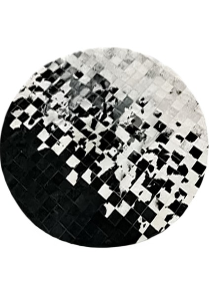 %100 Doğal Dana Derisi Kaymaz Taban Premium Yuvarlak Patchwork Halı - Siyah Beyaz modelleri