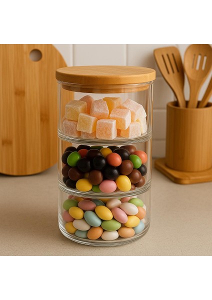 3 Katlı Vakumlu Bambu Kapaklı Cam Şekerlik - Lokumluk - Drajelik - Kahvaltılık - Çerezlik 900 ml