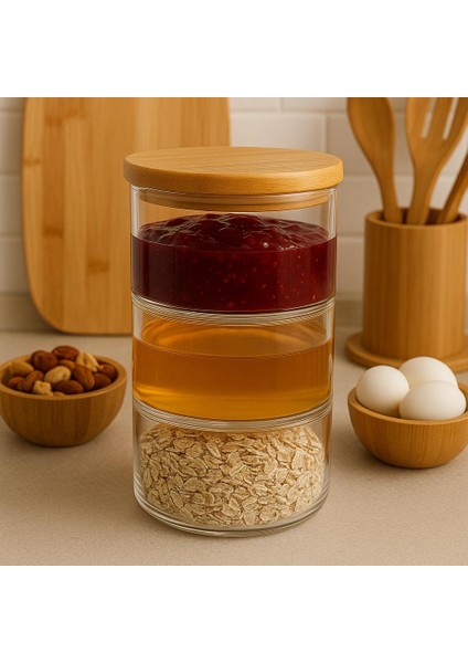 3 Katlı Vakumlu Bambu Kapaklı Cam Şekerlik - Lokumluk - Drajelik - Kahvaltılık - Çerezlik 900 ml fiyatları
