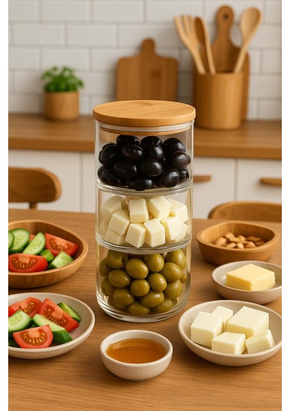 3 Katlı Vakumlu Bambu Kapaklı Cam Şekerlik - Lokumluk - Drajelik - Kahvaltılık - Çerezlik 900 ml modelleri