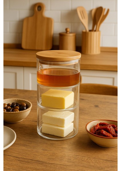 3 Katlı Vakumlu Bambu Kapaklı Cam Şekerlik - Lokumluk - Drajelik - Kahvaltılık - Çerezlik 900 ml fırsatları