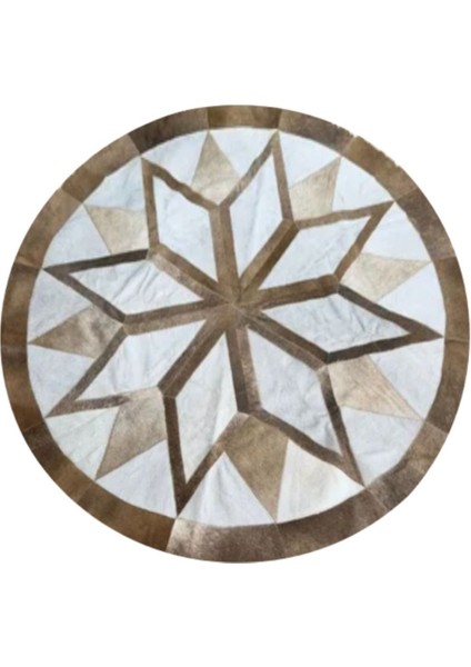 %100 Doğal Dana Derisi Kaymaz Taban Premium Yuvarlak Patchwork Halı - Kahverengi Beyaz modelleri
