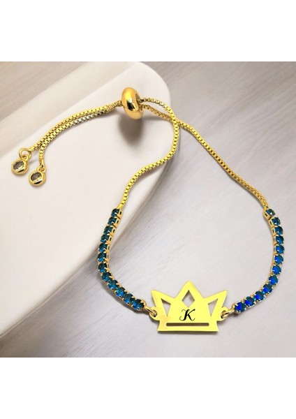 K Harfine Özel Taç Figürlü 14 Ayar Altın Plakalı Mavi Taş Desenli Hediye Bileklik-466Harf fiyatları