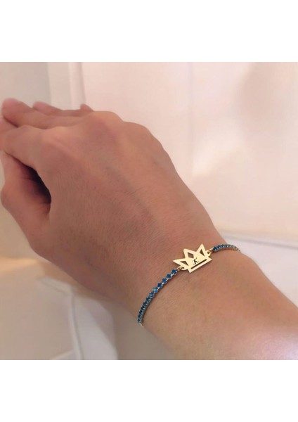 K Harfine Özel Taç Figürlü 14 Ayar Altın Plakalı Mavi Taş Desenli Hediye Bileklik-466Harf fırsatları