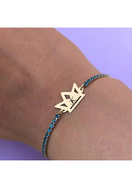 K Harfine Özel Taç Figürlü 14 Ayar Altın Plakalı Mavi Taş Desenli Hediye Bileklik-466Harf indirimleri