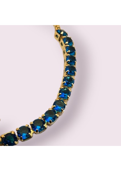 K Harfine Özel Taç Figürlü 14 Ayar Altın Plakalı Mavi Taş Desenli Hediye Bileklik-466Harf