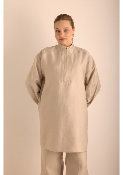 Yakası Fermuarlı Keten Tencel Tunik