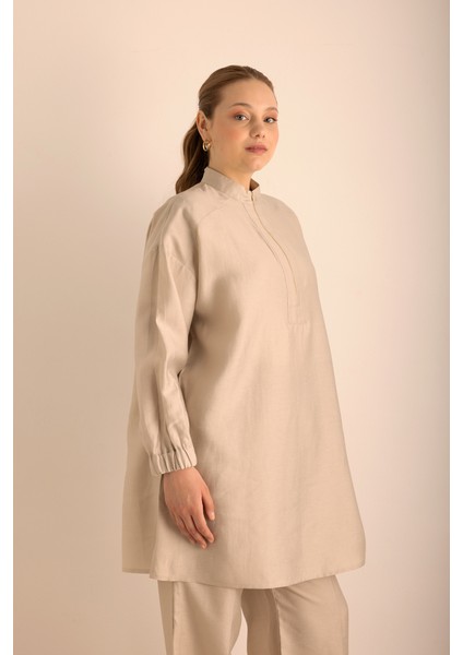 Yakası Fermuarlı Keten Tencel Tunik