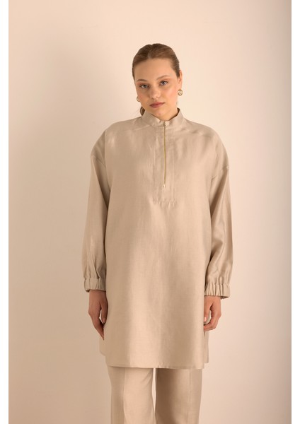 Yakası Fermuarlı Keten Tencel Tunik