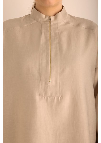 Yakası Fermuarlı Keten Tencel Tunik