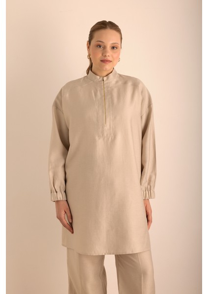 Yakası Fermuarlı Keten Tencel Tunik