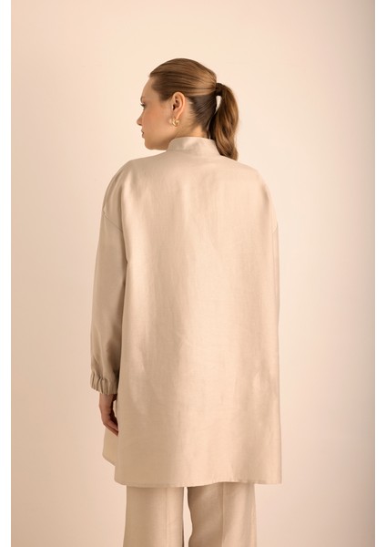 Yakası Fermuarlı Keten Tencel Tunik