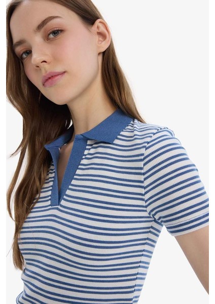 Yeni Sezon Fitted Polo Yaka Çizgili Fitilli Kaşkorse Kısa Kollu Tişört fırsatları