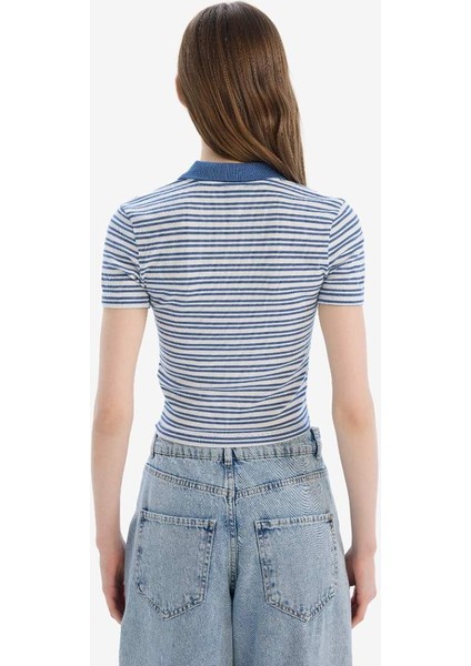 Yeni Sezon Fitted Polo Yaka Çizgili Fitilli Kaşkorse Kısa Kollu Tişört indirimleri