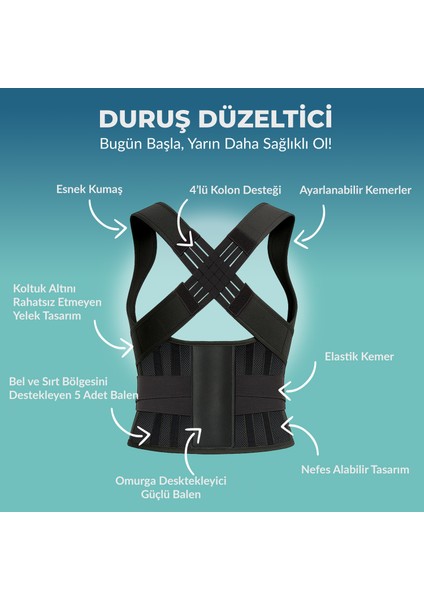 Dik Duruş Korsesi Balen Destekli Sırt Korsesi Kolonlu Bel Destek Korsesi Dik Durma Korsesi Siyah