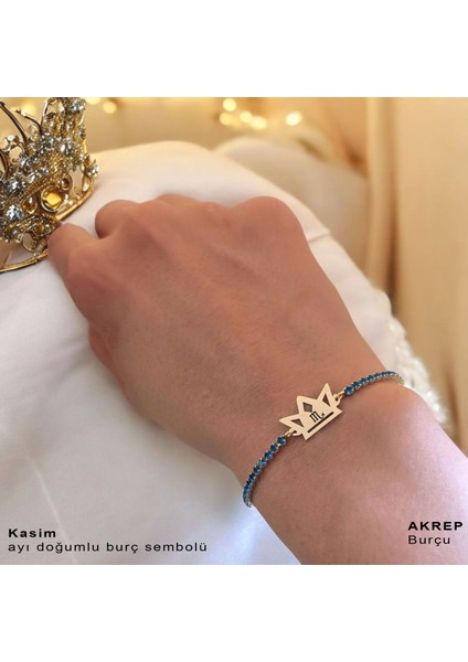 Kasım Ayı Doğumlarına 14 Ayar Altın Plakalı Mavi Taş Desenli Taç Figürlü Hediye Bileklik-466AY