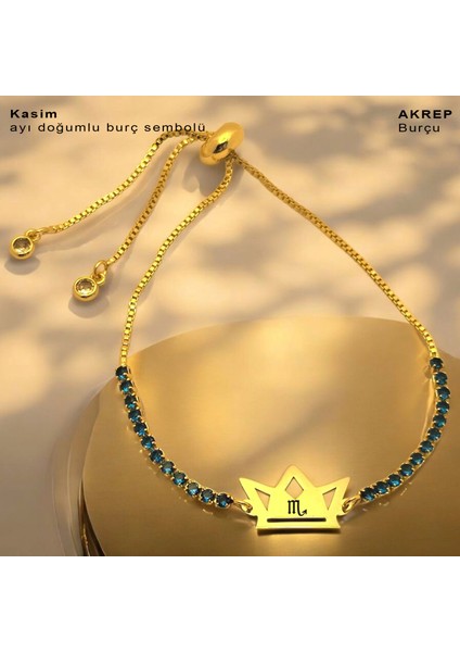 Kasım Ayı Doğumlarına 14 Ayar Altın Plakalı Mavi Taş Desenli Taç Figürlü Hediye Bileklik-466AY fiyatları