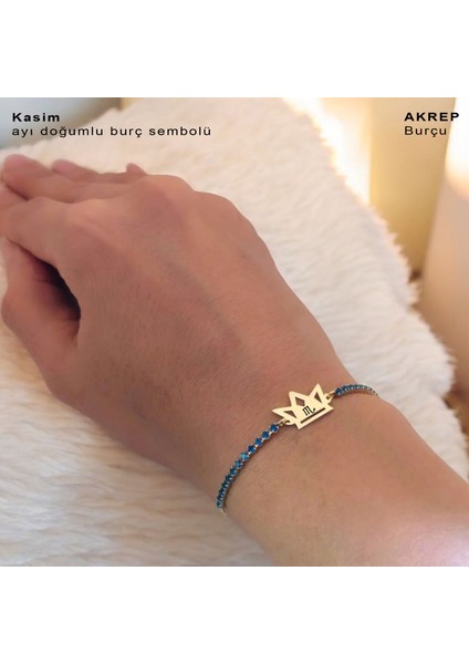 Kasım Ayı Doğumlarına 14 Ayar Altın Plakalı Mavi Taş Desenli Taç Figürlü Hediye Bileklik-466AY fırsatları