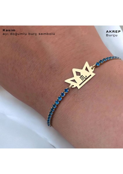 Kasım Ayı Doğumlarına 14 Ayar Altın Plakalı Mavi Taş Desenli Taç Figürlü Hediye Bileklik-466AY indirimleri