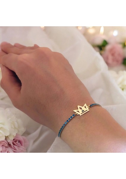 Hz Ali Temalı Taç Figürlü 14 Ayar Altın Plakalı Mavi Taş Desenli Hediye Bileklik-466SEMBOL fırsatları