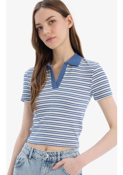 Yeni Sezon Fitted Polo Yaka Çizgili Fitilli Kaşkorse Kısa Kollu Tişört