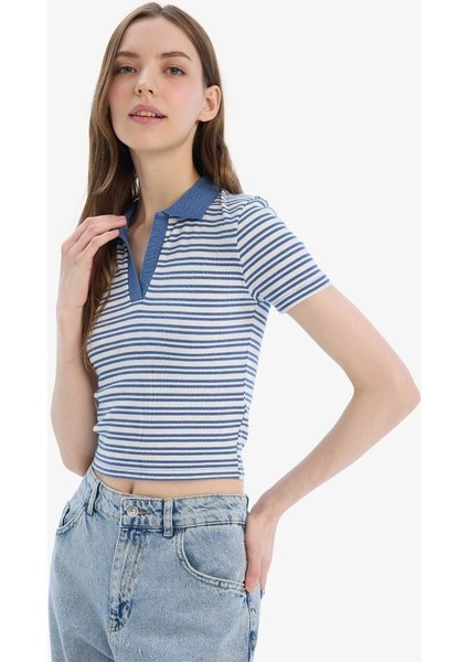 Yeni Sezon Fitted Polo Yaka Çizgili Fitilli Kaşkorse Kısa Kollu Tişört modelleri