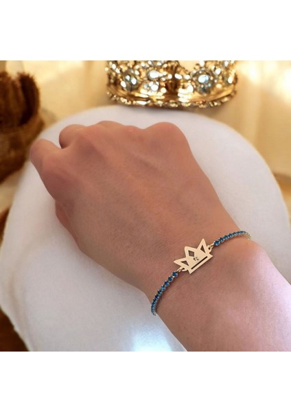 Atatürk Temalı Mavi Taş Desenli Taç Figürlü 14 Ayar Altın Plakalı Hediye Bileklik-466SEMBOL