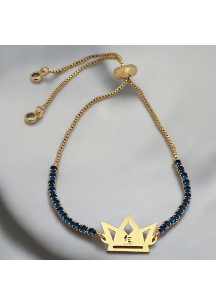 Atatürk Temalı Mavi Taş Desenli Taç Figürlü 14 Ayar Altın Plakalı Hediye Bileklik-466SEMBOL fiyatları
