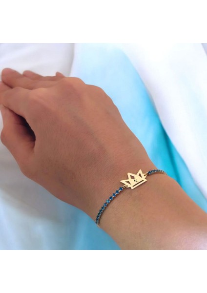 Atatürk Temalı Mavi Taş Desenli Taç Figürlü 14 Ayar Altın Plakalı Hediye Bileklik-466SEMBOL fırsatları