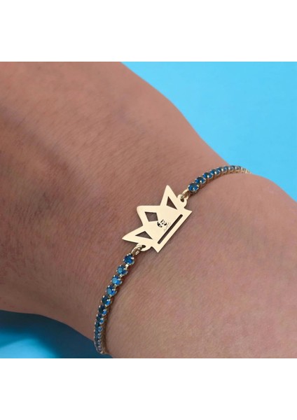 Atatürk Temalı Mavi Taş Desenli Taç Figürlü 14 Ayar Altın Plakalı Hediye Bileklik-466SEMBOL indirimleri