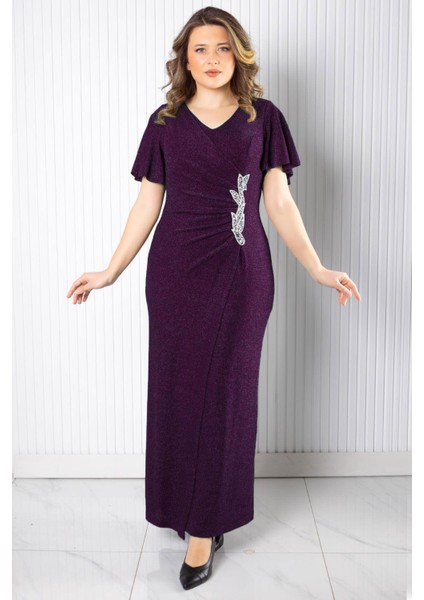 Taş Aksessuarlı Simli Abiye Mürdüm MDA2533